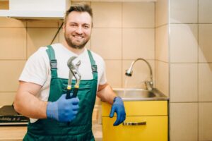 Plumber in uniform holds wrench, handyman. Professional worker makes repairs around the house, home repairing service